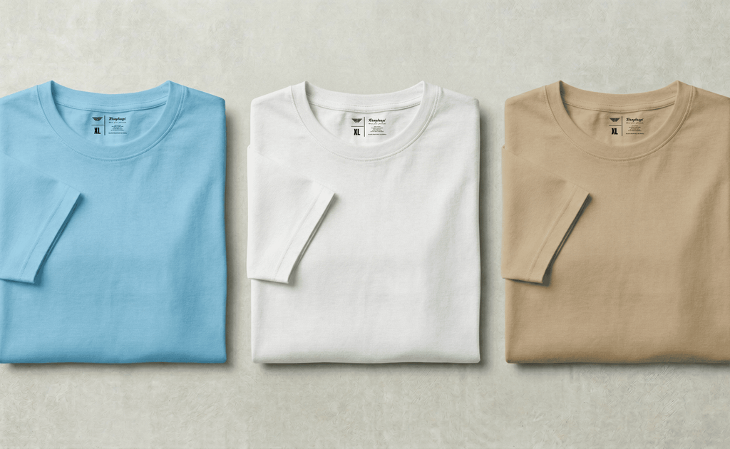 Pack of 3 Lightweight Cotton T-Shirts for Men – White, Sky Blue & Sand | Soft Summer