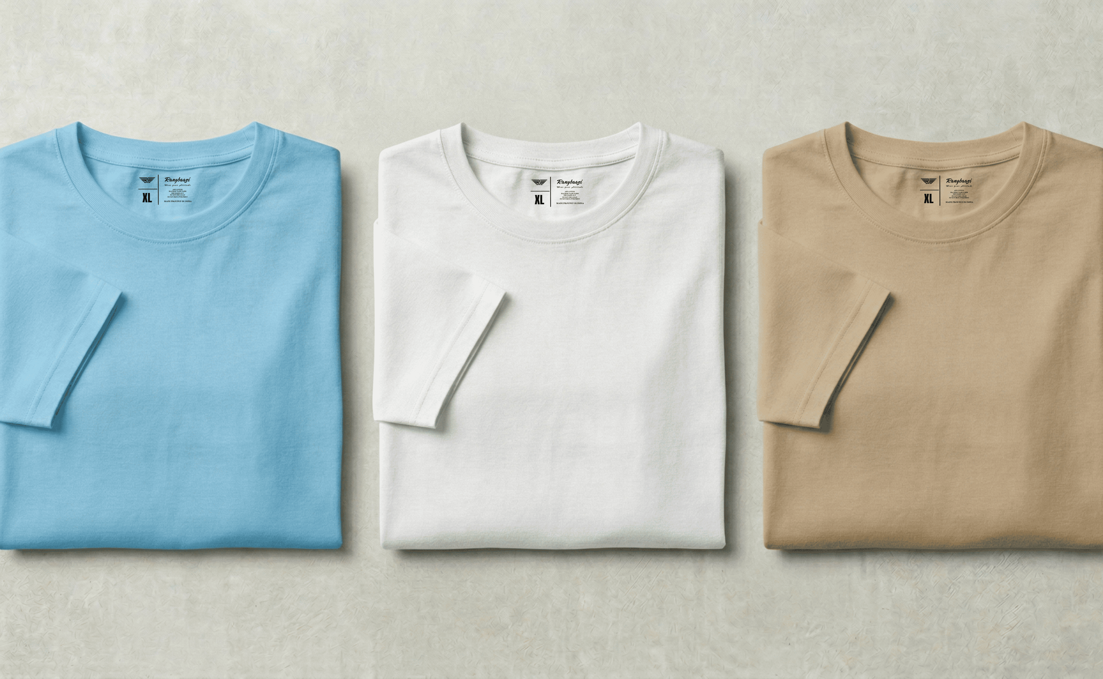 Pack of 3 Lightweight Cotton T-Shirts for Men – White, Sky Blue & Sand | Soft Summer