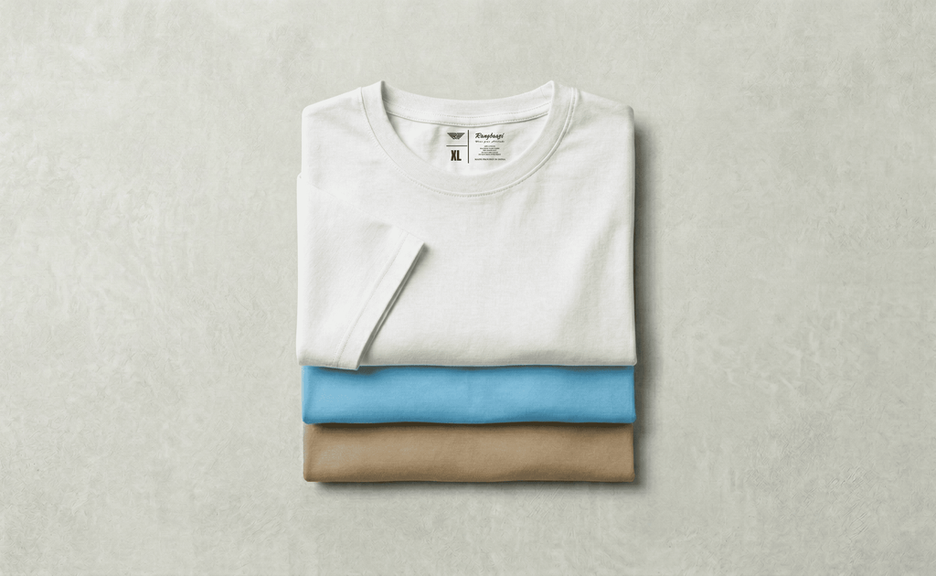 Pack of 3 Lightweight Cotton T-Shirts for Men – White, Sky Blue & Sand | Soft Summer