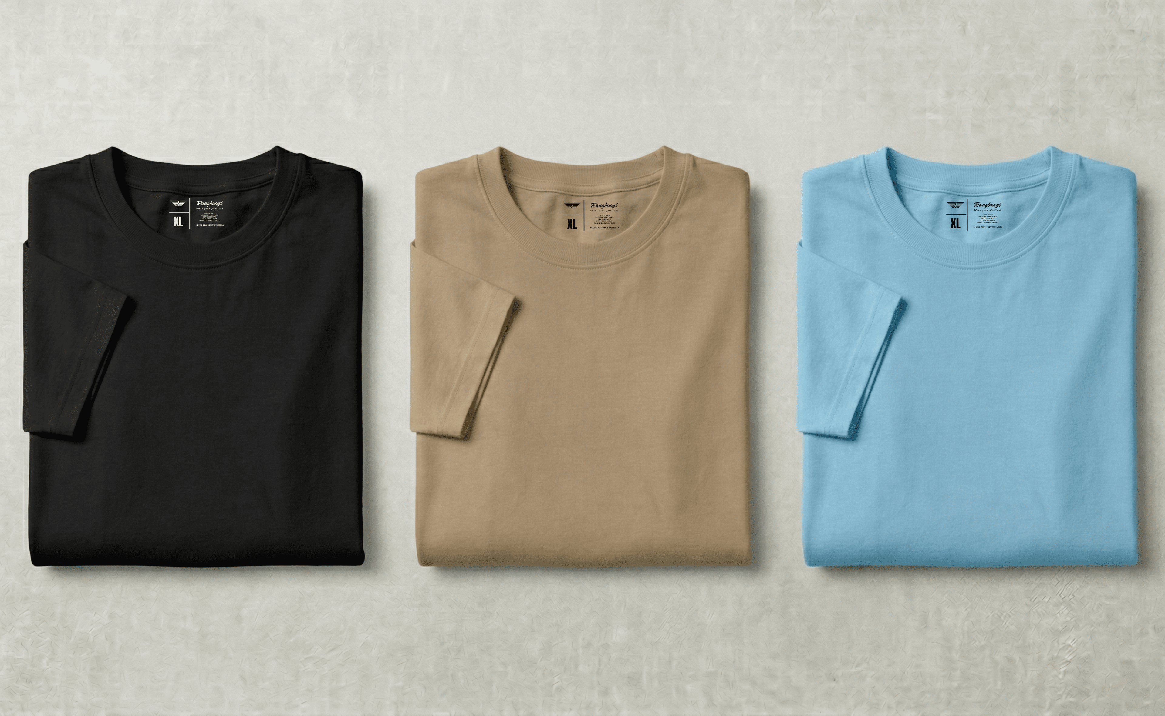Men’s Solid Cotton T-Shirts (Pack of 3) – Black, Sand & Sky Blue | Casual Blend